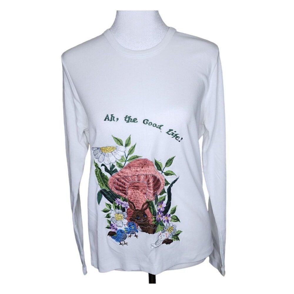 Vintage 70s Embroidered Mushroom Bunny Shirt Top Womens Size L White